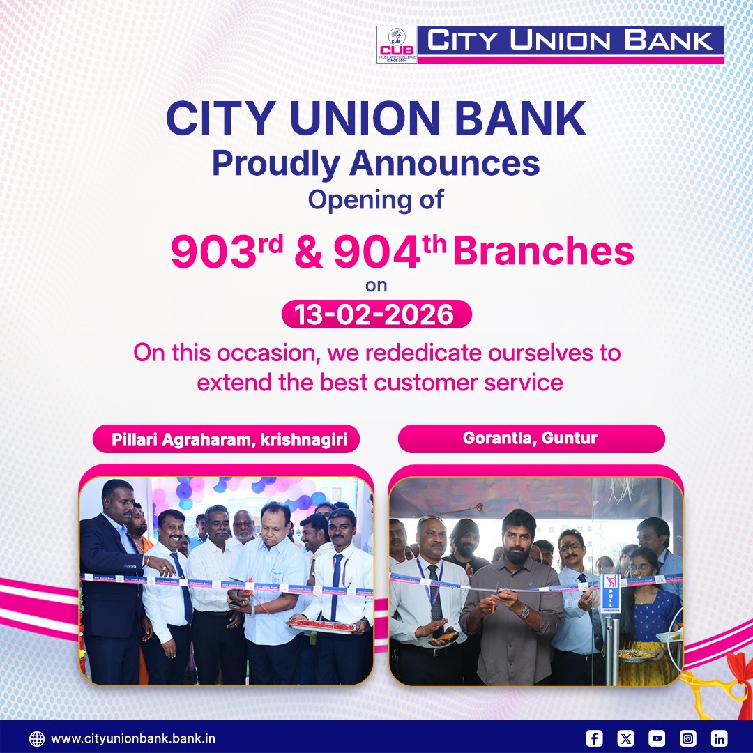 cubltd's tweet photo. City Union Bank is glad to inform opening of 2 New Branches on 13-02-2026
#krishnagiri #Gorantla #cubltd #cityunionbank #CUBConvenientBanking https://t.co/iJioIghQ48