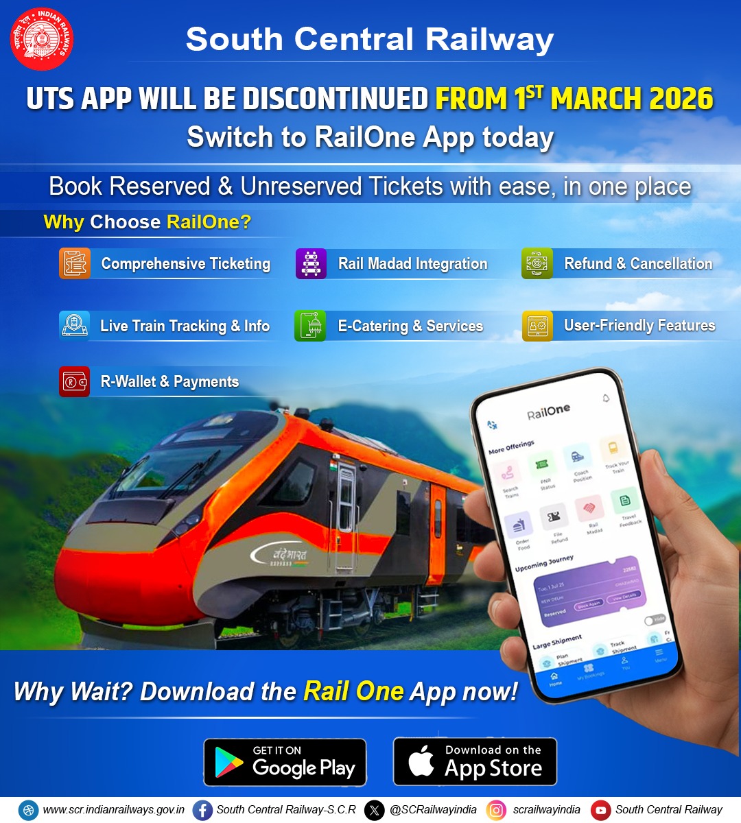SCRailwayIndia's tweet image. 🚨 Passenger Notice 🚨

The UTS App will be discontinued w.e.f. 1st March 2026. 

📲 Switch to the RAILONE App today for seamless, fast &amp;amp; convenient ticket booking.

Download now 🚆

#RailwaysUpdate #PassengerNotice #DigitalRailways #RailOne #travelsmarter