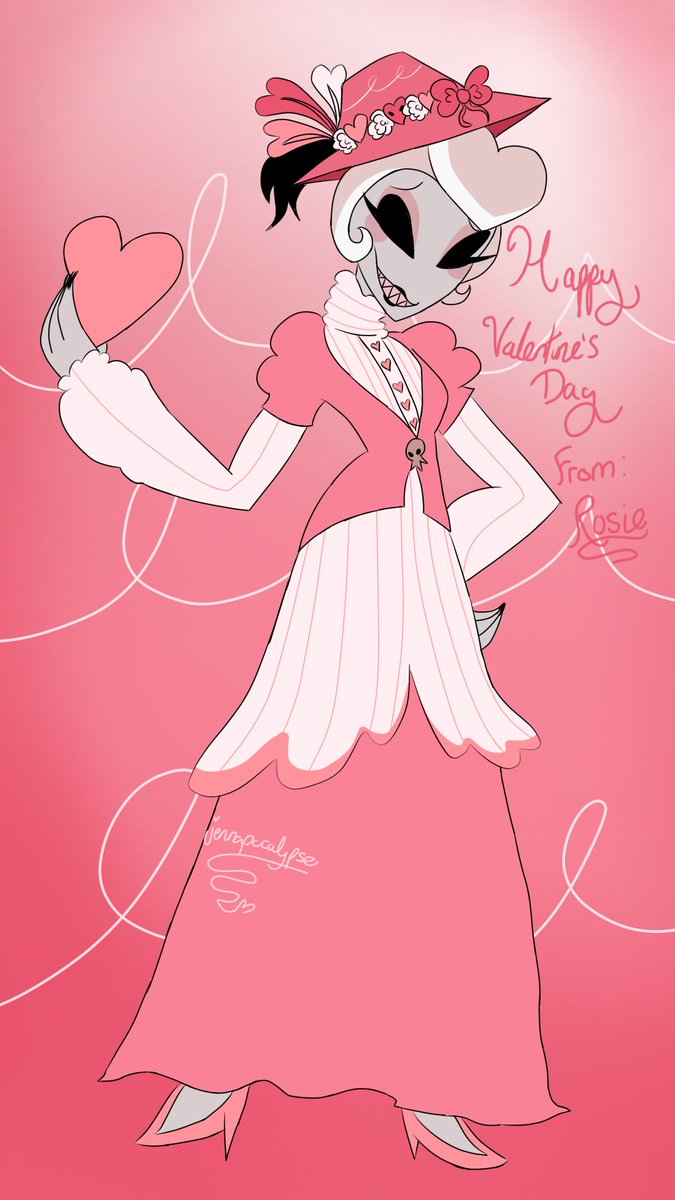 jennaroolio's tweet photo. I wasnt sure where I was going with this outfit... HAPPY VALENTINES DAY! 
#rosie #HazbinHotel #HazbinHotelRosie #ValentinesDay #fanart https://t.co/zvOPMte3EA