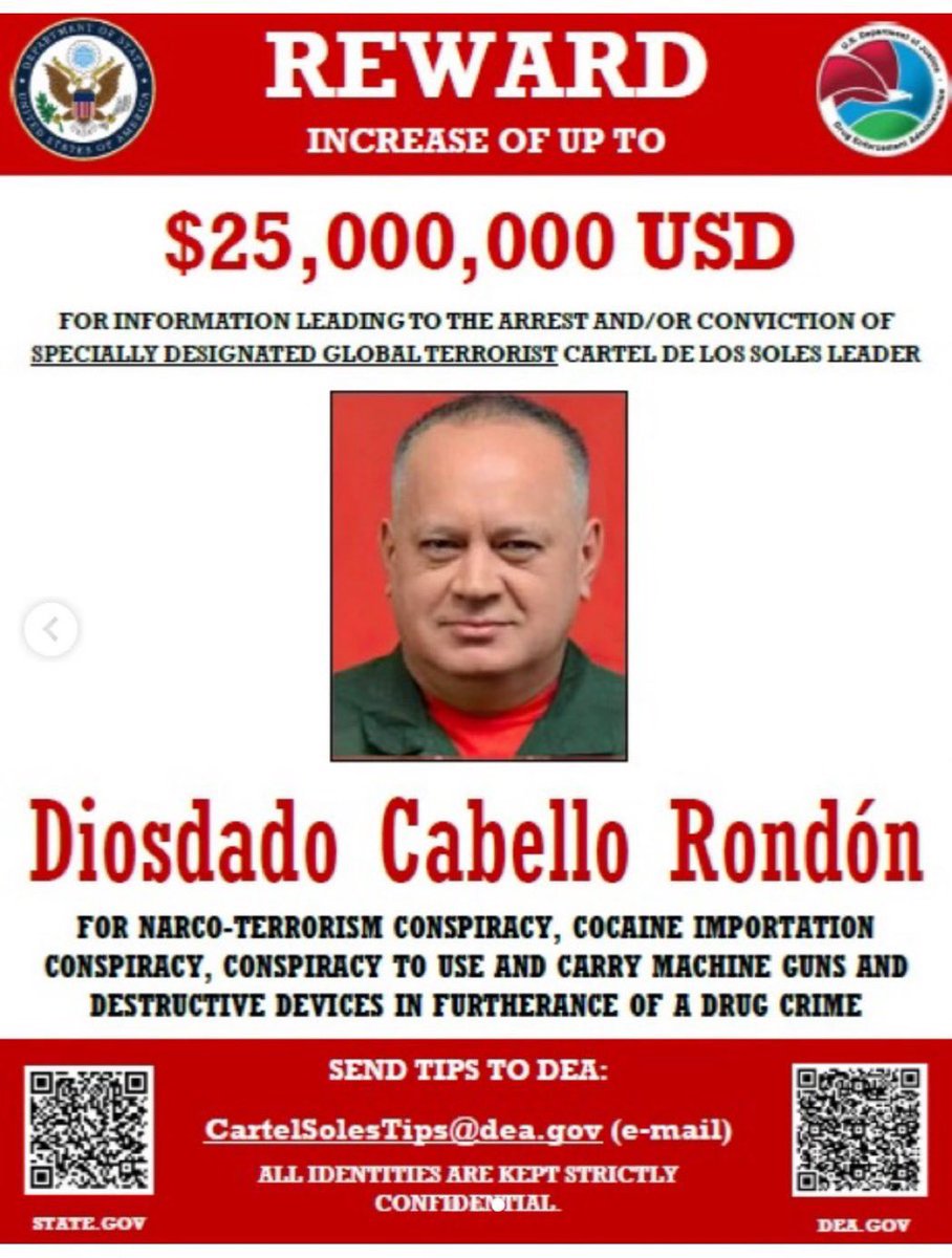 Atención campaña mundial 🚨🇻🇪 se les recuerda que existe una recompensa de 25 millones de dólares que fácil se pueden ganar los militares en Venezuela