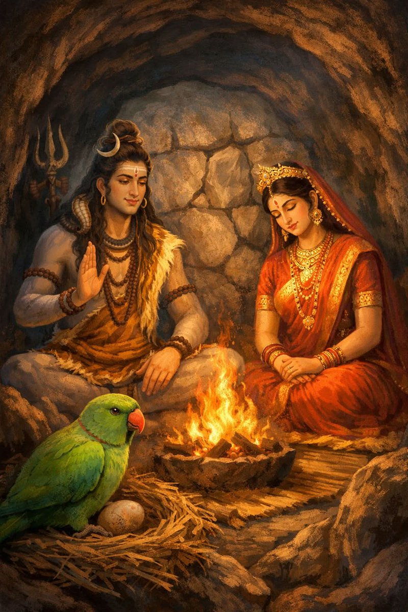 🌿 अमरत्व का रहस्य और शुकदेव जन्म की कथा! 🌿

हिमालय की धवल कंदराओं में एक दिन माता पार्वती के मन में एक जिज्ञासा जागी। उन्होंने देवाधिदेव महादेव से सप्रेम आग्रह किया, "हे प्राणनाथ! मुझे वह परम ज्ञान प्रदान कीजिए जो मृत्यु के भय को मिटा दे। मैं उस अमरत्व के रहस्य को जानना चाहती