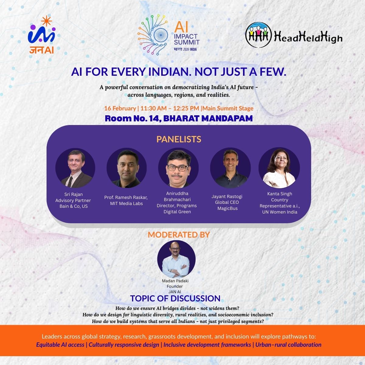 AI for Every Indian. Not Just a Few.

On 16 February, the Main Summit stage brings together leaders from global strategy, research, and grassroots innovation to explore how JAN AI can democratize India’s artificial intelligence landscape. <a href="/madanpadaki/">Madan Padaki</a>  <a href="/kantasingh_/">Kanta Singh</a> <a href="/jayantrastogi/">Jayant Rastogi</a>