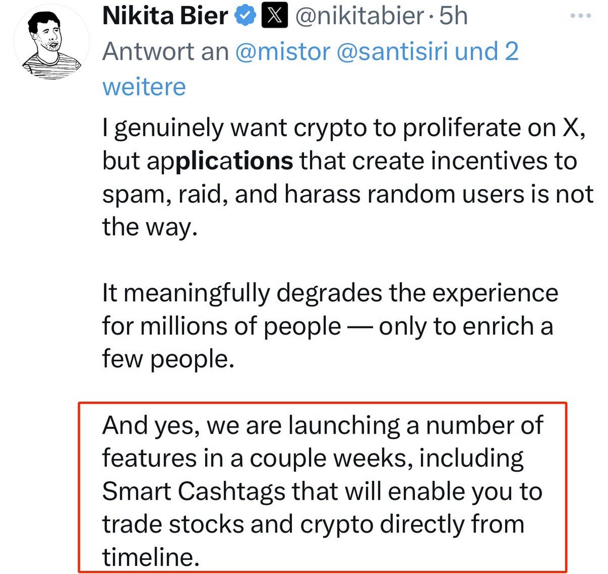 🚨 BREAKING:

NIKITA BIER, HEAD OF PRODUCT ON X, CONFIRMED THAT SMART CASHTAGS WILLS BE LAUNCHING WITHIN THE NEXT FEW WEEKS! ⏰

THIS FEATURE WILL ALLOW USERS TO TRADE STOCKS &amp; CRYPTO DIRECTLY FROM THE TIMELINE! 💵💱💴