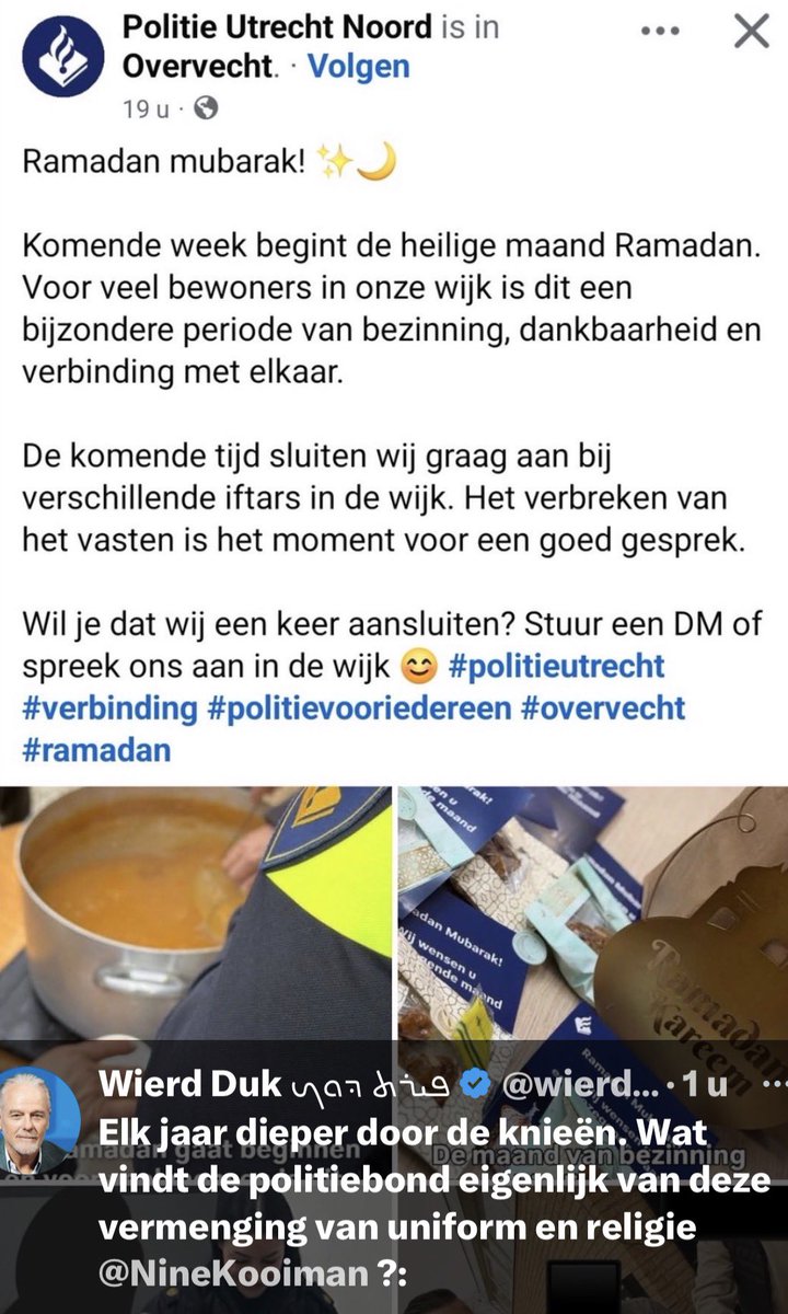nausicaamarbe's tweet photo. Niet zomaar Ramadan, maar ‘heilige maand’ voor uw (ooit seculiere) politie. Deze Utrechtse politie is zo goed bezig met verbinding, dat hun agent die twee moslima’s arresteerde dermate bedreigd werd dat hij moest onderduiken met zijn gezin. Nu hengelen ze naar iftars. Kneuzen. https://t.co/ceIz3sKwPM