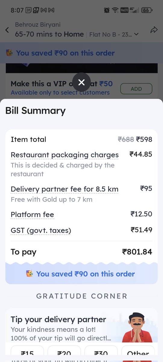 Zomato food delivery.
600 rs food becomes 800, for 8.5 km with gold membership.
Is resturant not charging GST on food at first instance. 
gst rate reduced to 5% for dining or takeaway, isnt it?