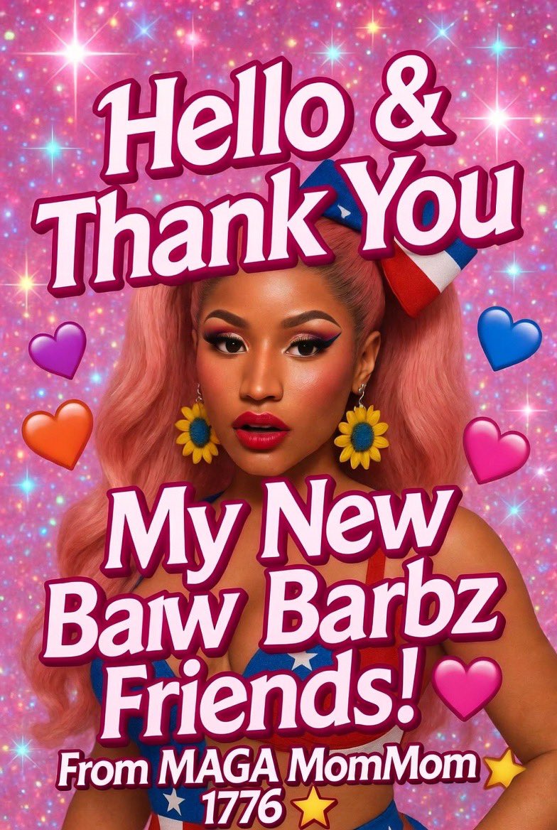 Hello to all my amazing new Barbz friends! 💖👑  
So grateful you found me and welcomed me into the fam. Thank you for the love, the follows, and the good energy! Here's to more fun, laughs, and supporting each other. Queen energy only 😘🌻🇺🇸 #Barbz #NewBarb #NickiMinaj"