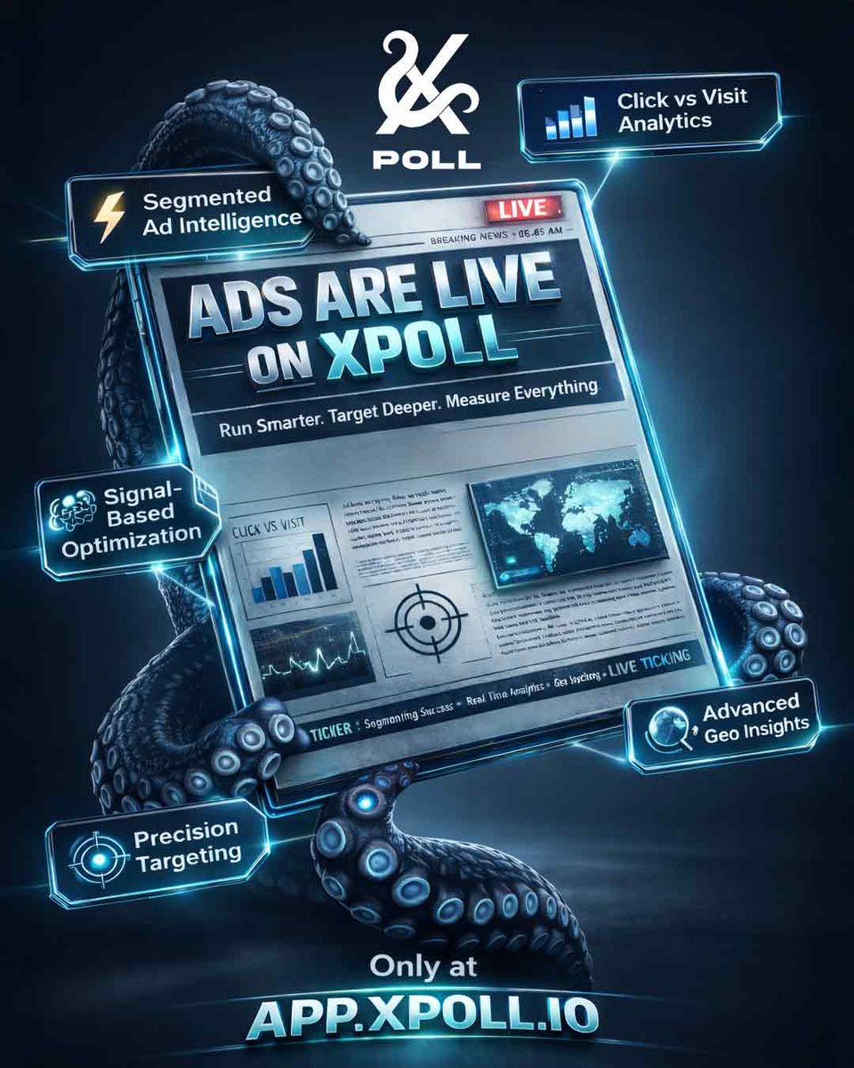 xpollplatform's tweet photo. 🚀📰 Ads are LIVE on XPOLL
Campaigners can now launch smarter ads inside XPOLL — built for precision, not guesswork. Create listings, target the right audiences, and measure real outcomes with signal-driven insights.
✅ Segmented Ad Intelligence
✅ Click vs Visit Analytics
✅ Precision Targeting
✅ Signal Based Optimization
✅ Advanced Geo Insights
Go run campaigns that actually learn and improve. 🧠⚡️
🔗 https://t.co/bzsbito4VC
#XPOLL #AdsLive #AdIntelligence #GrowthStack #PerformanceMarketing #GeoInsights #Analytics #SignalEconomy #PollToEarn #Web3Marketing #ProductUpdate