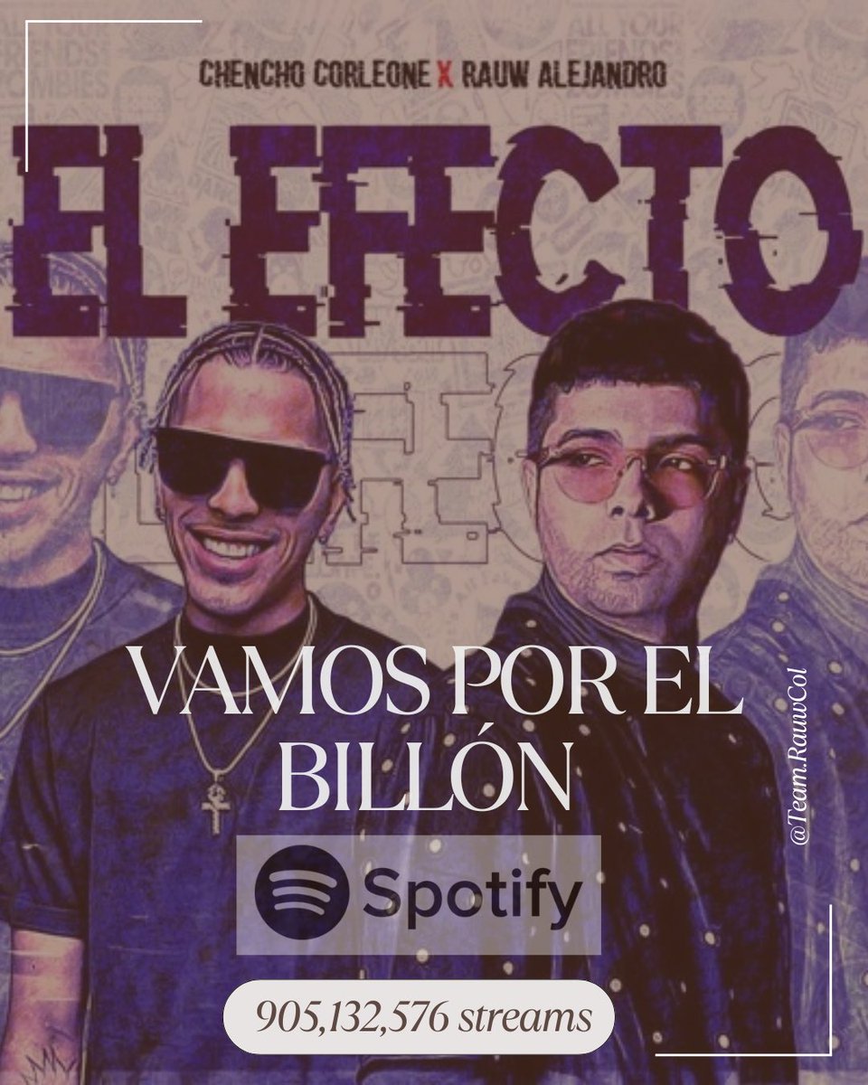 Seguimos aportando a nuestro <a href="/rauwalejandro/">RAÚL</a> 🔥✨

Mientras “El Efecto” junto a Chencho Corleone ya hizo historia en YouTube, en Spotify está cada vez más cerca de lograr lo mismo 🤯🎧

Hoy suma 905,132,576 streams… ¡rumbo al billón! 🚀

Vamos a hacer que se convierta en la