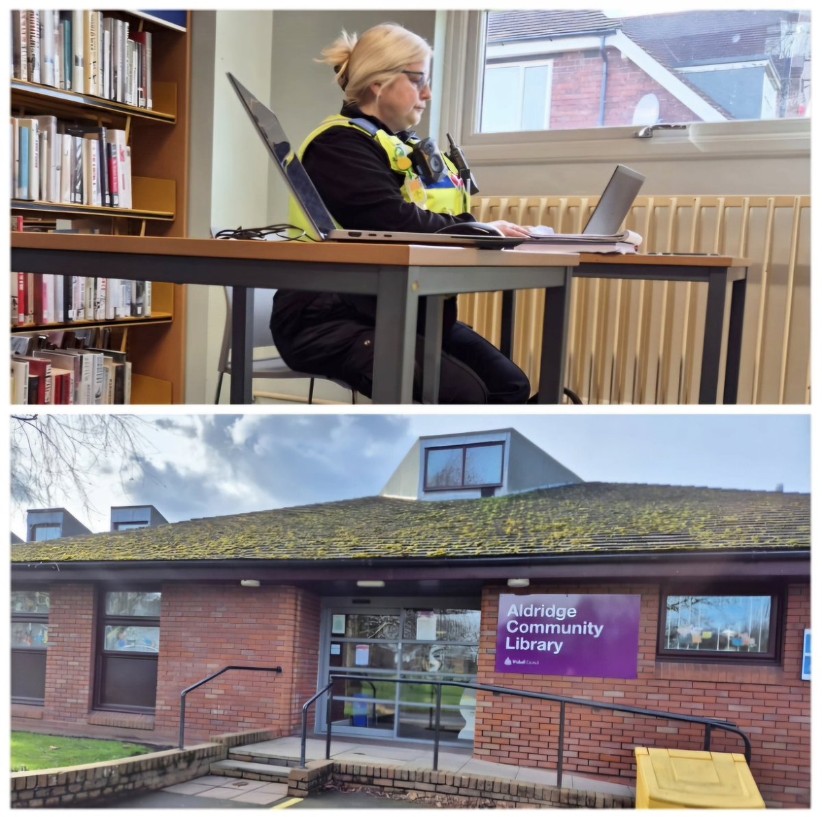 🗨👮🏼‍♀️ 💻 📚 Officers are out in #Aldridge this afternoon carrying out patrols and conducting remote working at Aldridge Community Library on Rookery Lane. 
🚔 We have also visited the community centre and a reassurance visit to a local resident for other unrelated matters.