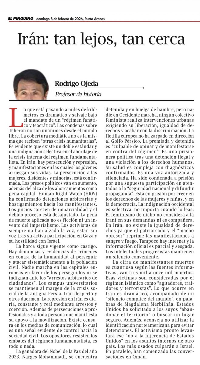 Muy buena columna de profesor <a href="/Ojeda__Rodrigo/">Rodrigo Ojeda</a> sobre silencio del mundo frente a represión de régimen teocrático iraní 👇