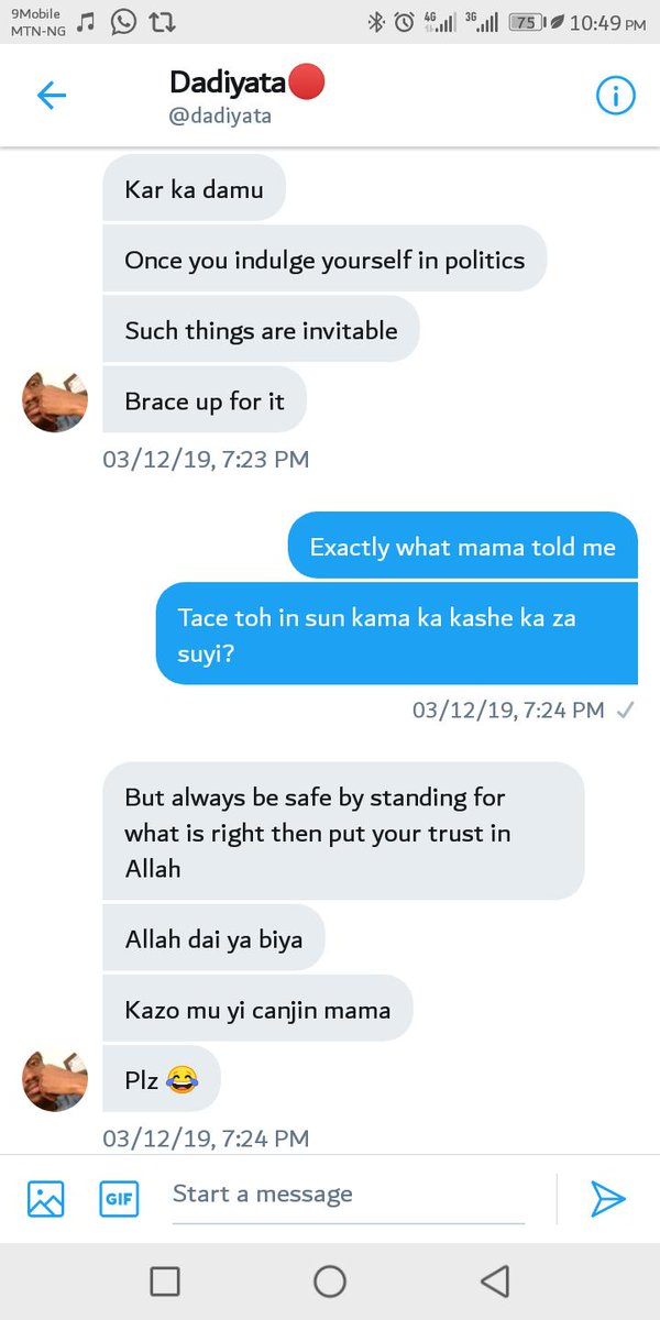 I was going through my chats with <a href="/dadiyata/">Dadiyata🔴</a> and I found this. THIS WAS DURING THE 2019 KANO ELECTIONS WHEN AN ALARM WAS RAISED THAT SOME OF US COULD BE ABDUCTED IN GESTAPO STYLE. Wherever you are brother I know you are not broken. God is in control 🙏
#WhereIsDadiyata?

This guy