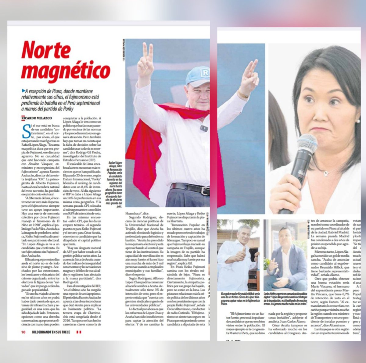 ensustrece's tweet photo. En #Hildebrandt @ensustrece: NORTE MAGNÉTICO por @ricardove04. A excepción de Piura, donde mantiene relativamente sus cifras, el fujimorismo está perdiendo la batalla en el Perú septentrional a manos del partido de Porky. El reportaje en https://t.co/ofhuiX20P2. https://t.co/zi3cxqhXAv