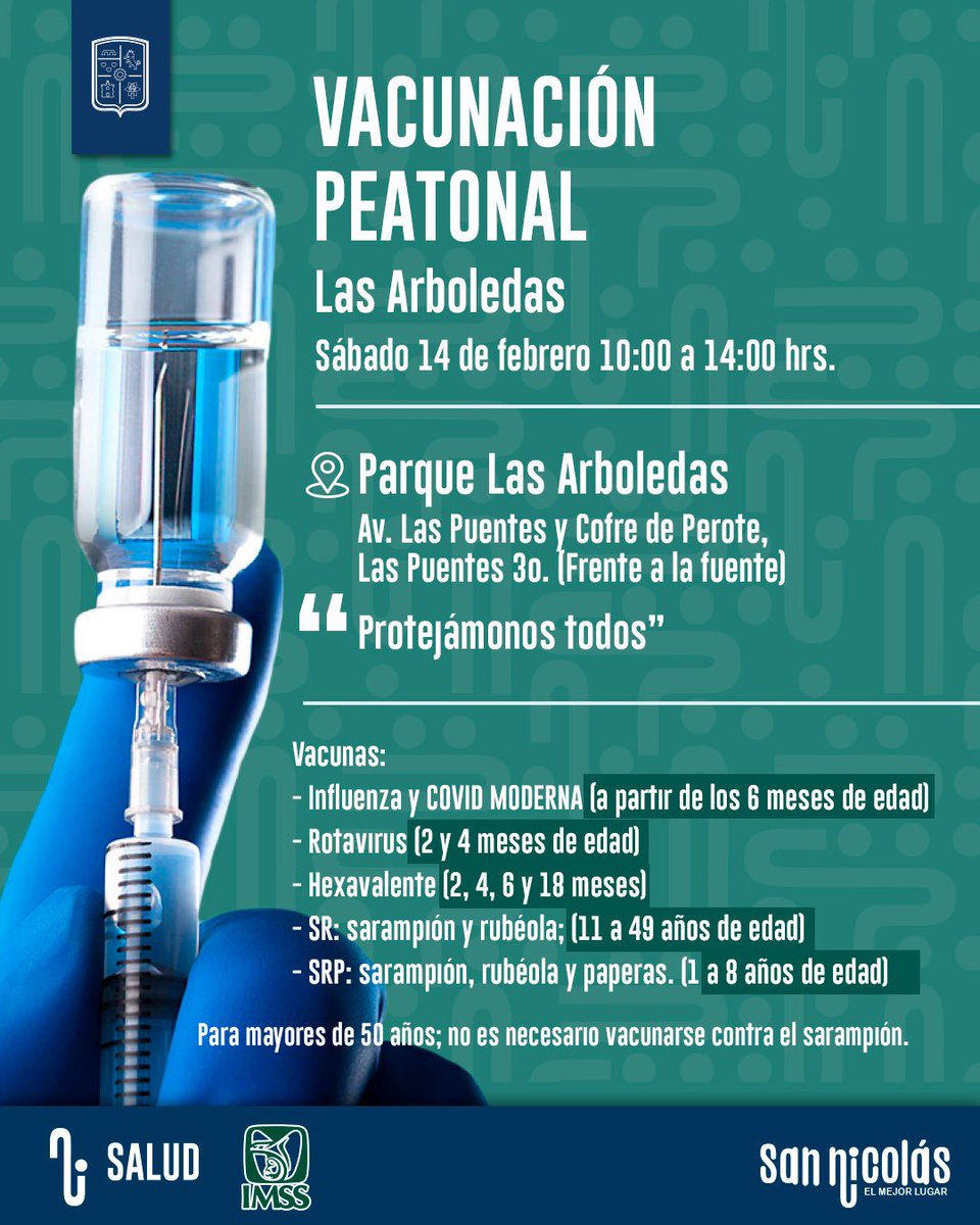 ⚠️VACUNACIÓN HOY  

📍Arboledas
⏰10:00-14:00

Cupidazo de Prevención! <a href="/GobSanNicolas/">Gobierno de San Nicolás</a> <a href="/cesarmty/">César Cepeda</a> <a href="/arandatamayo_/">HuGo Aranda Tamayo</a> <a href="/yadithvaldez/">Yadith Valdez</a> <a href="/LilyOlivaresC/">Lily Olivares</a> <a href="/chaledelafuente/">Carlos de la Fuente</a>