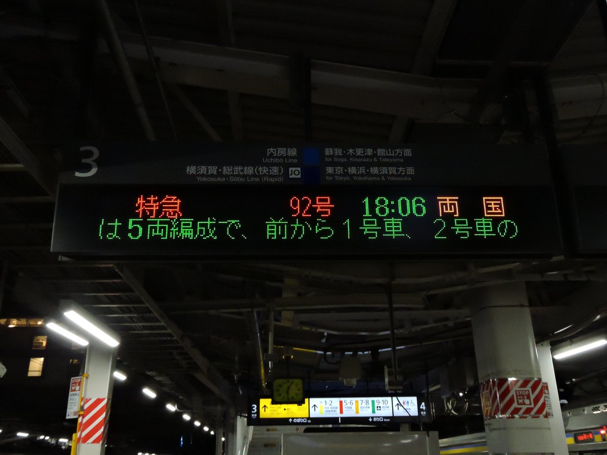 ホーム上の発車案内も特急 92号 両国と表示。 列車名のさざなみは出