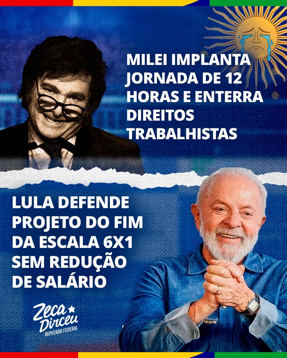 A DIFERENÇA ENTRE BRASIL E ARGENTINA!
O projeto de Milei que foi aprovado na Argentina:
- Jornada de 12 horas de trabalho 
- Fim das horas extras remuneradas
- Fim do pagamento por dias afastados por atestados médicos
- Fim das férias de 30 dias.