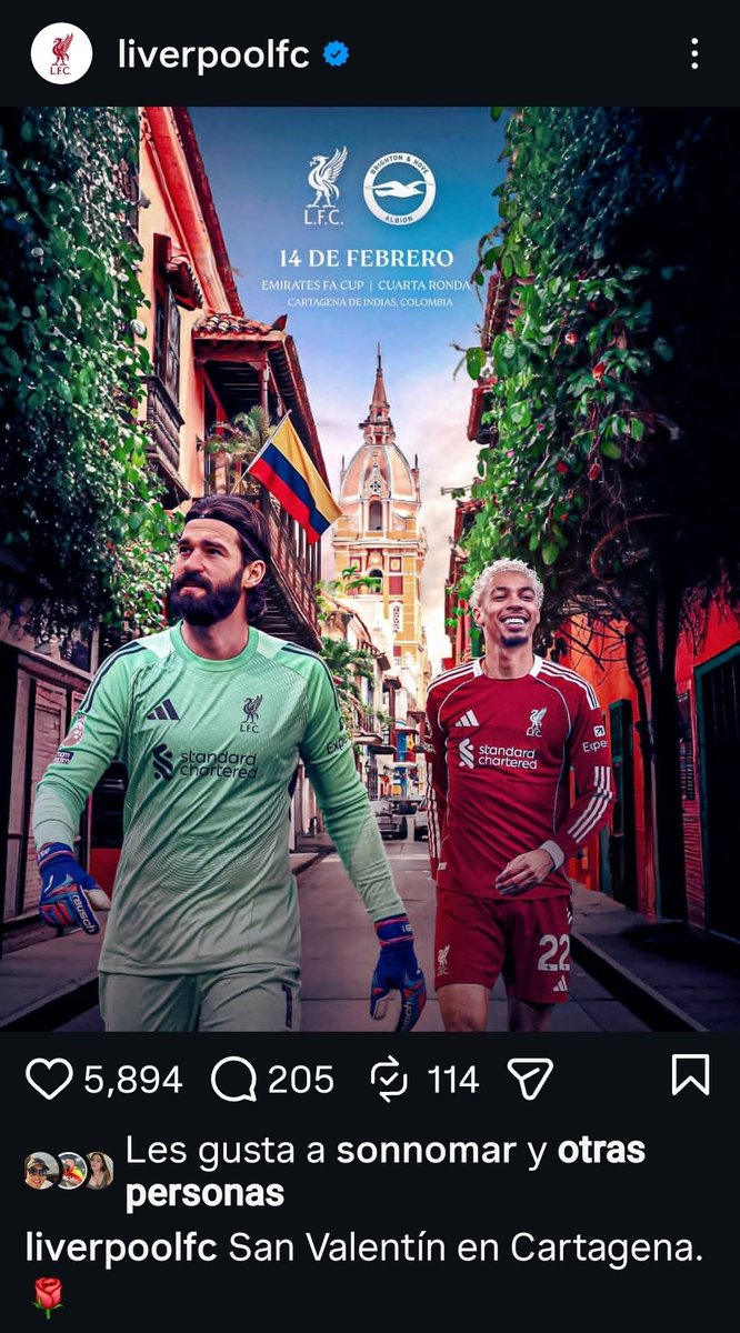 #Cartagena es una ciudad del MUNDO 🌎 

El equipo de fútbol inglés <a href="/LFC/">Liverpool FC</a>, uno de los más queridos e importantes del orbe, hace referencia en su último post de <a href="/instagram/">Instagram</a> al día de #SanValentín, haciendo alusión a nuestra ciudad: «San Valentín en Cartagena». 

Y sí que somos la