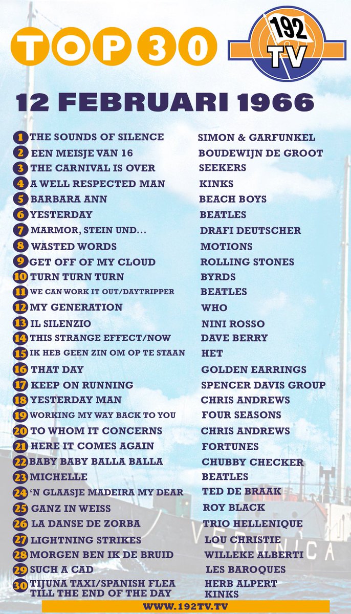 192TV's tweet image. Nu op 192TV de Top 30 van 12 februari 1966, volgens de kijkers van 192TV. Presentatie Ad Bouman