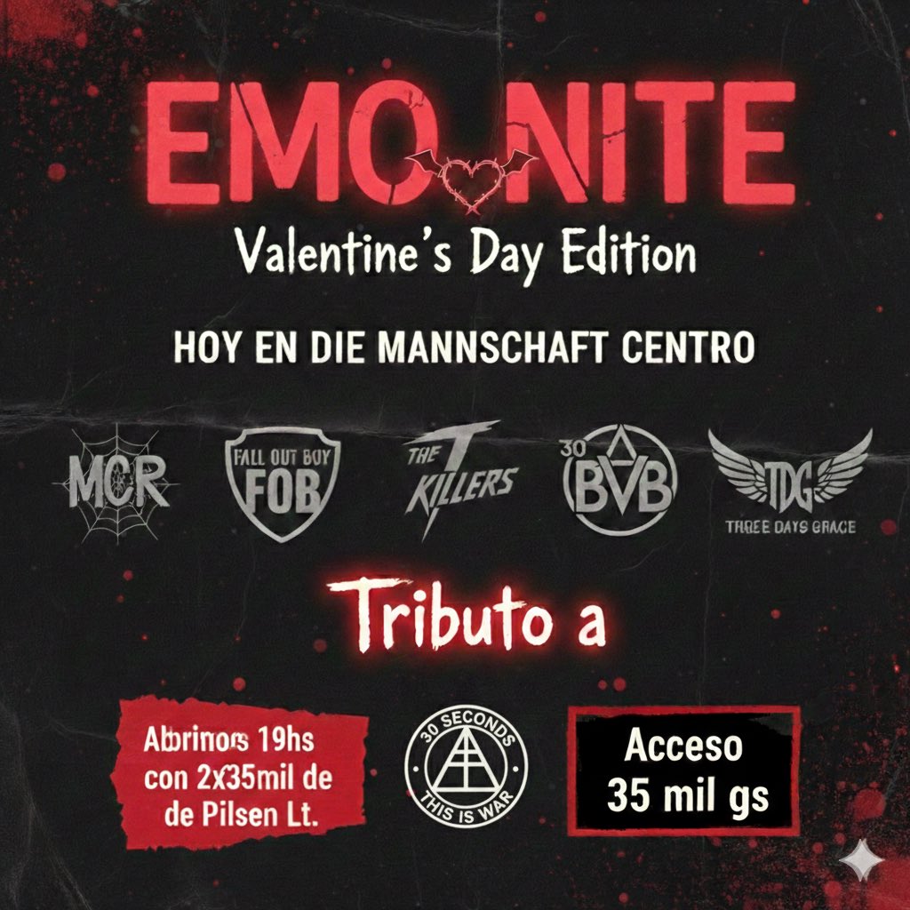 HOOOY SABADO 14/02 de AMOR 🧡 &amp; DESAMOR 💔 #emos #nite 🖤 por @tamagochipy en vivo en el CENTRO🤘🏻🔥 *CONCIERTO BAJO TECHO/NO SE SUSPENDE POR LLUVIA.
*ABRIMOS 19hs con 2x35mil en @pilsenpy &amp; munichparaguay Lt.
📍Mcal Estigarribia 1050 c/ EEUU.
PROST! 🍻🤘🏻💥🇵🇾🇩🇪