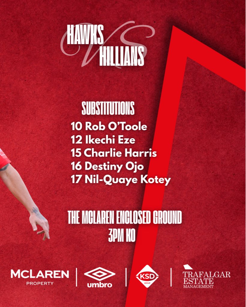 HawksFCOfficial's tweet photo. 𝐋𝐈𝐍𝐄 𝐔𝐏 📋

Shaun makes three changes to the side that beat Hashtag Unite here seven days ago, with Grant Hall returning from injury, Jude Robertson earning his first start and there is a debut for Jay Emmanuel-Thomas 🛩️

#COYH 🦅 https://t.co/yGH7NkOvhl