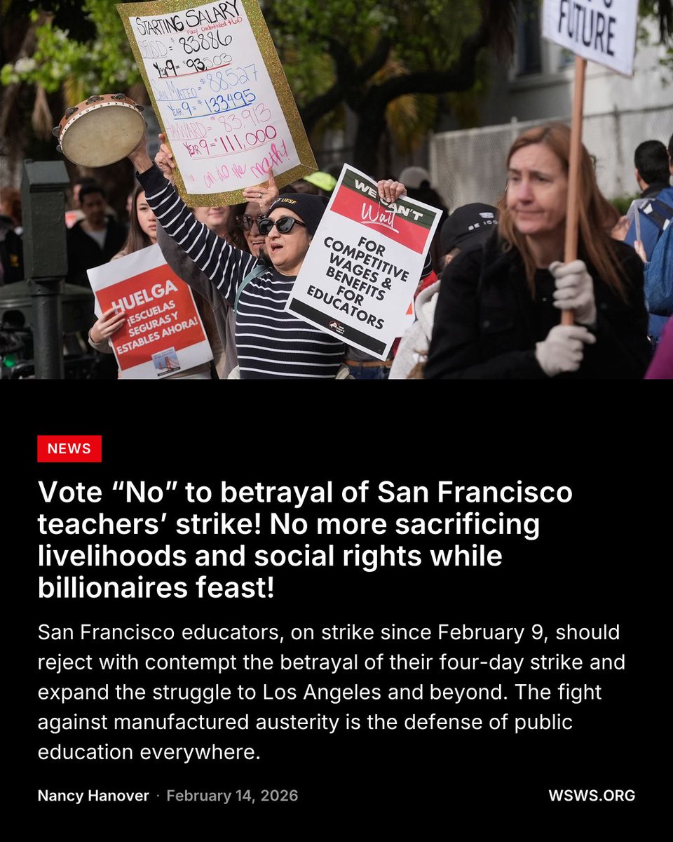 Andre__Damon's tweet photo. San Francisco educators should reject with contempt the betrayal of their four-day strike and vote “No” on the austerity contract accepted on Thursday by the United Educators of San Francisco (UESF) and brokered by American Federation of Teachers (AFT) President Randi Weingarten. https://t.co/vT7yu3gv3o