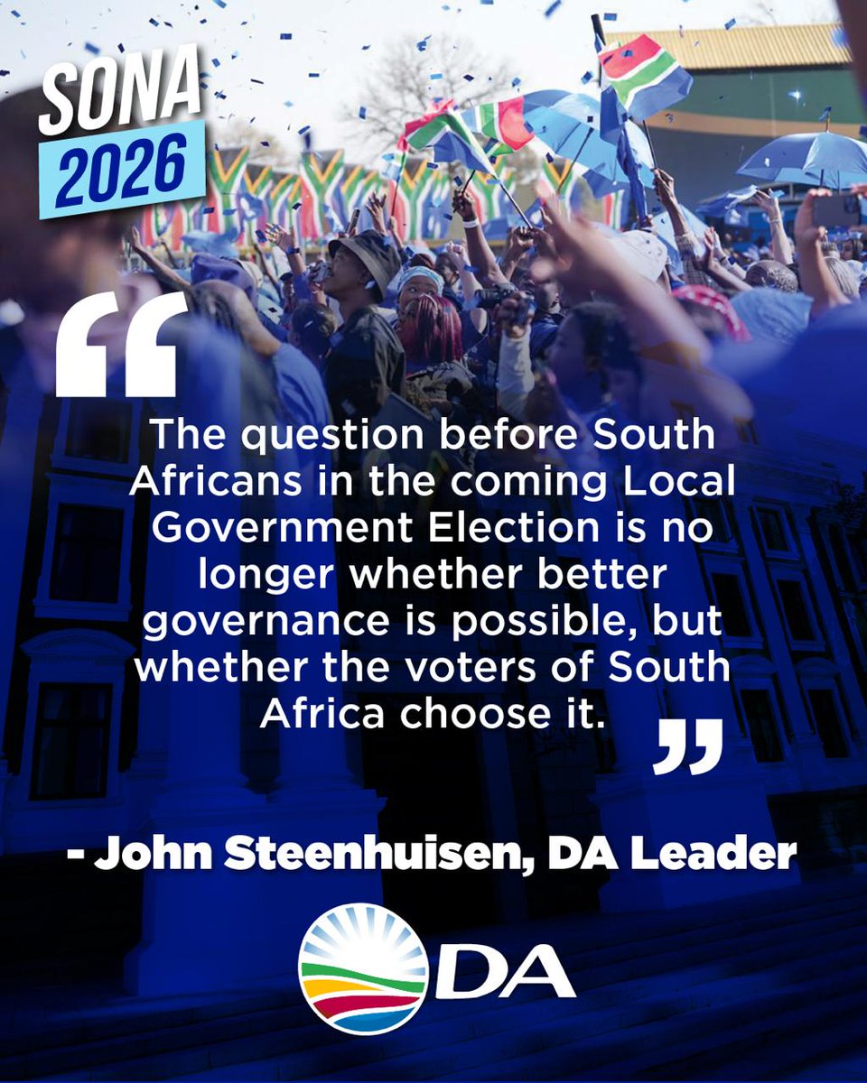 🇿🇦 The DA’s track record in the GNU took centre stage at the #SONA2026!

✅ Where we govern, we deliver. In the upcoming Local Elections, the choice is clear. A vote for the DA is a vote for delivery. Learn more here: brnw.ch/21wZWQl