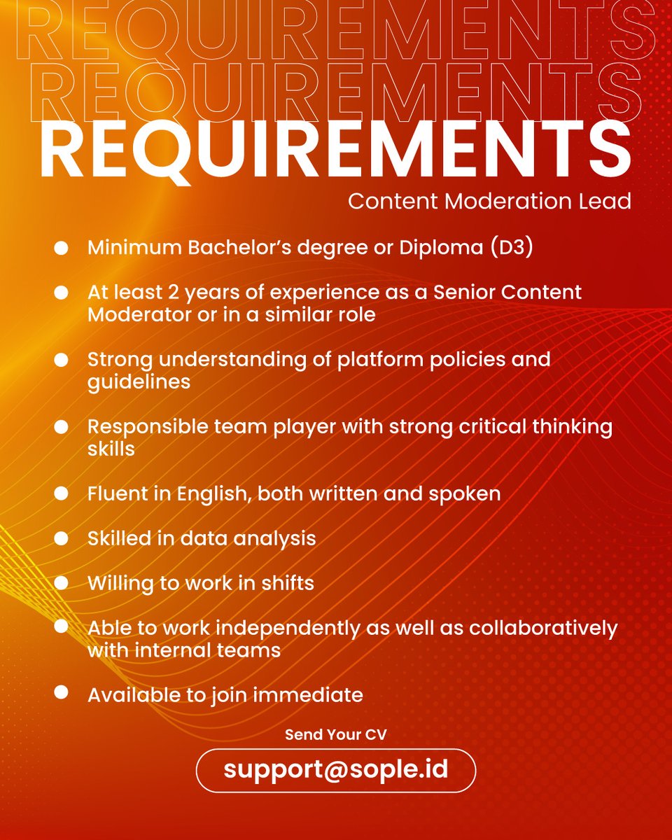 Sociallabs_ID's tweet image. We’re hiring! 🚀
Posisi: Content Moderation Lead

Punya leadership kuat &amp;amp; paham kebijakan platform?
Yuk gabung bareng tim kami dan bantu ciptakan ekosistem digital yang aman.

📩 Kirim CV ke: support@sople.id

#Hiring #LowonganKerja #ContentModeration #TechJobs