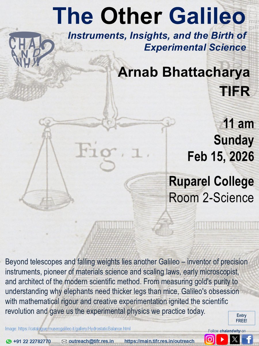 TifrArnab's tweet image. So I'll be doing the @chaiandwhy tomorrow Sun 15/2 11AM IST. A topic I haven't spoken about (as usual). I hope it will be fun. At least I'm learning a lot as I prepare for it. Galileo was indeed quite a personality!
At Ruparel College &amp;amp; live on YT youtube.com/watch?v=D7UCf5…
#scicomm