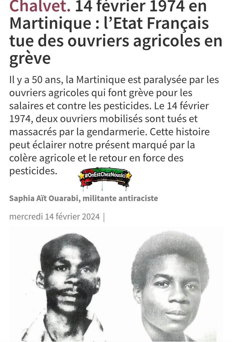 Vince97215's tweet image. Le 14 Février 1974 un jour sombre de notre histoire martiniquaise❗️👇🏾😔
Hommage à ces 2 ouvriers agricoles tués par l'état colonial❗️Ilmany Sérier, dit Rénor, tué à 55 ans et George Marie-Louise tué à l'âge de 19ans ❗️🙏🏽🕊️♥️

Source : chaîne WhatsApp #OnEstChezNousIci🇲🇶