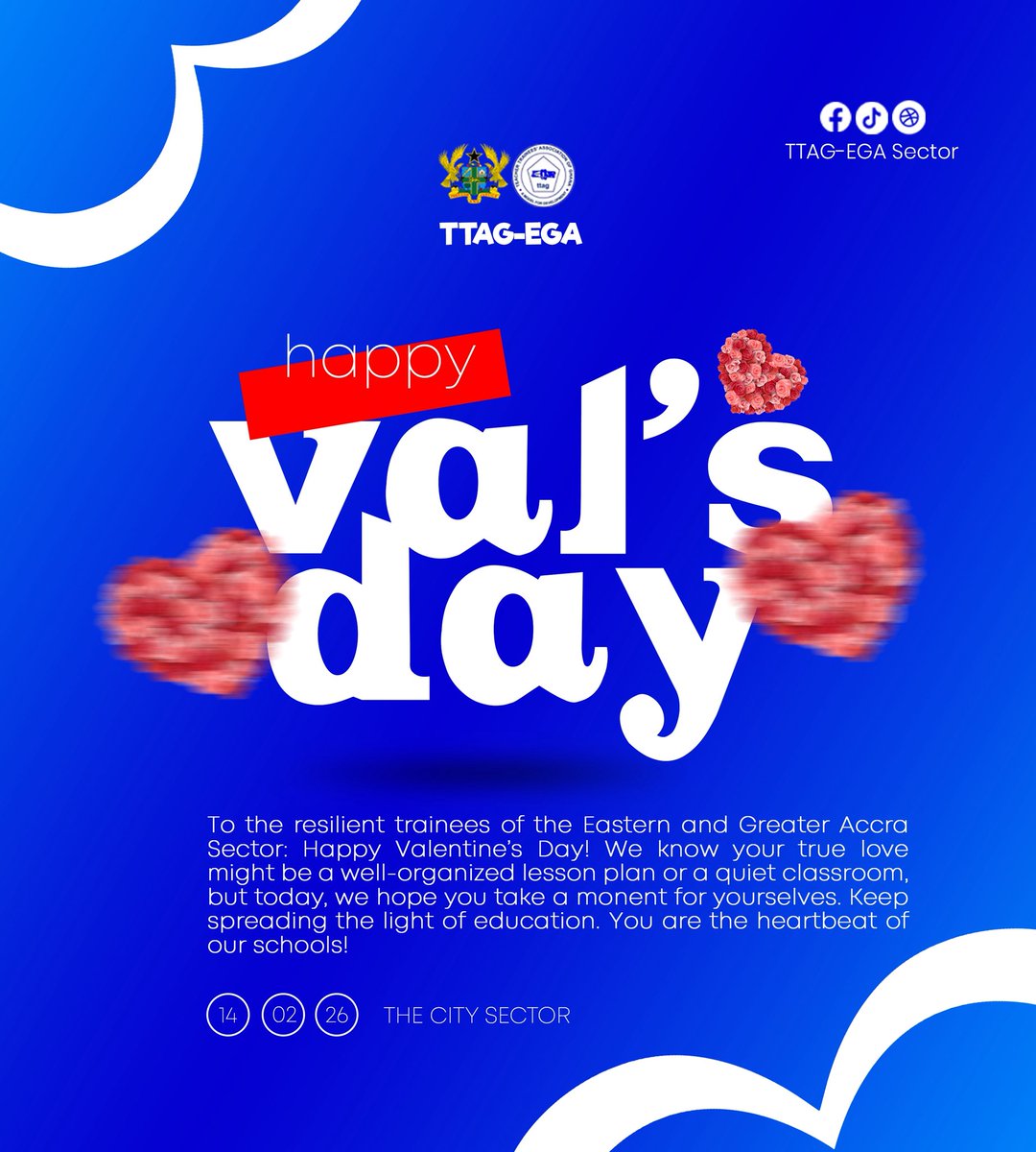 TTAG_EGA's tweet photo. On this special day of spreading love TTAG -EGA sends to you their warmest love to all trainees’ in the City Sector .

We wish you a lovely Valentine’s Day. Remember you’re loved and special.
Released BY: TTAG - EGA MEDIA AND PUBLICITY TEAM

©️ PUBLIC RELATIONS MANAGER https://t.co/sCXiFHCoqA