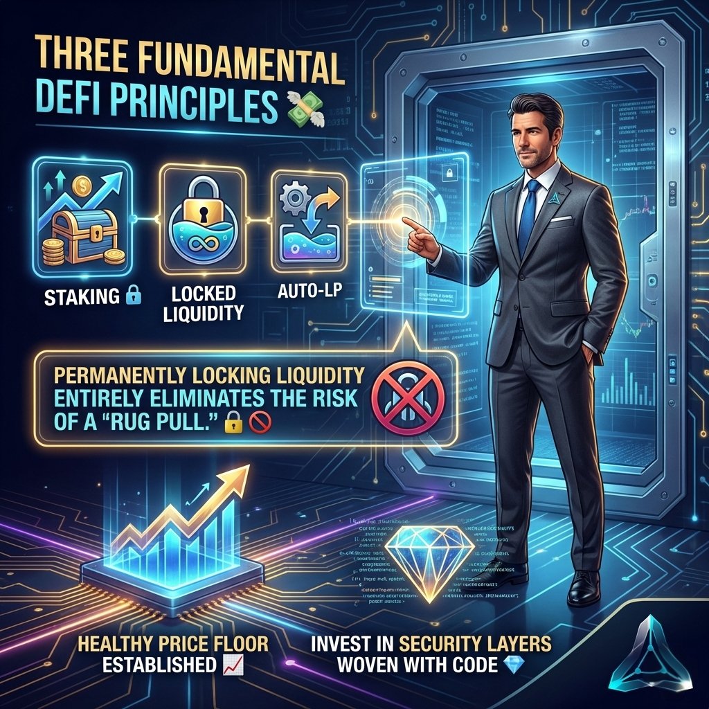 💸Three fundamental DeFi principles to lean on: Staking, Locked Liquidity, and Auto-LP.
🔒Permanently locking liquidity entirely eliminates the risk of a "rug pull."
📈This solid foundation establishes a healthy price floor in the market.
💎Invest in a project whose security