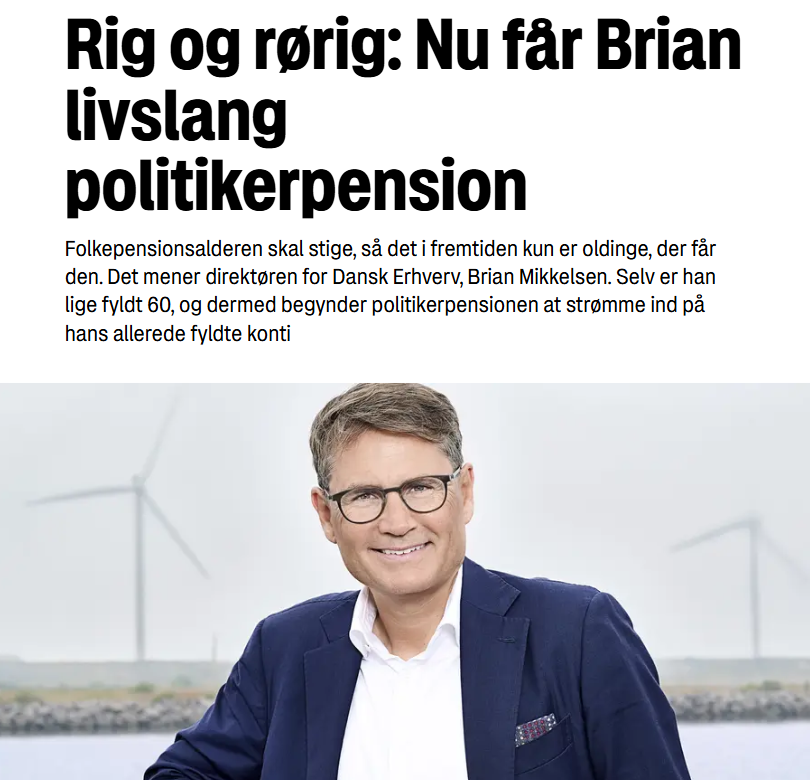 oresundsbaron's tweet photo. Mød Brian Mikkelsen, tidligere minister.

Han vil hæve pensionsalderen for alle andre, alt imens han som 60-årig er begyndt at få ministerpension på knap 60.000 kr. om måneden.

Eller hvad der svarer til rundt regnet 700.000 kr. om året.

Dette vel og mærke alt imens han skummer fløden gennem sit job som topchef i Dansk Erhverv med millionløn.

Men forstår jo godt at politikerne holder så desperat fast i magten, med tanke på de mange økonomiske fordele som følger med.