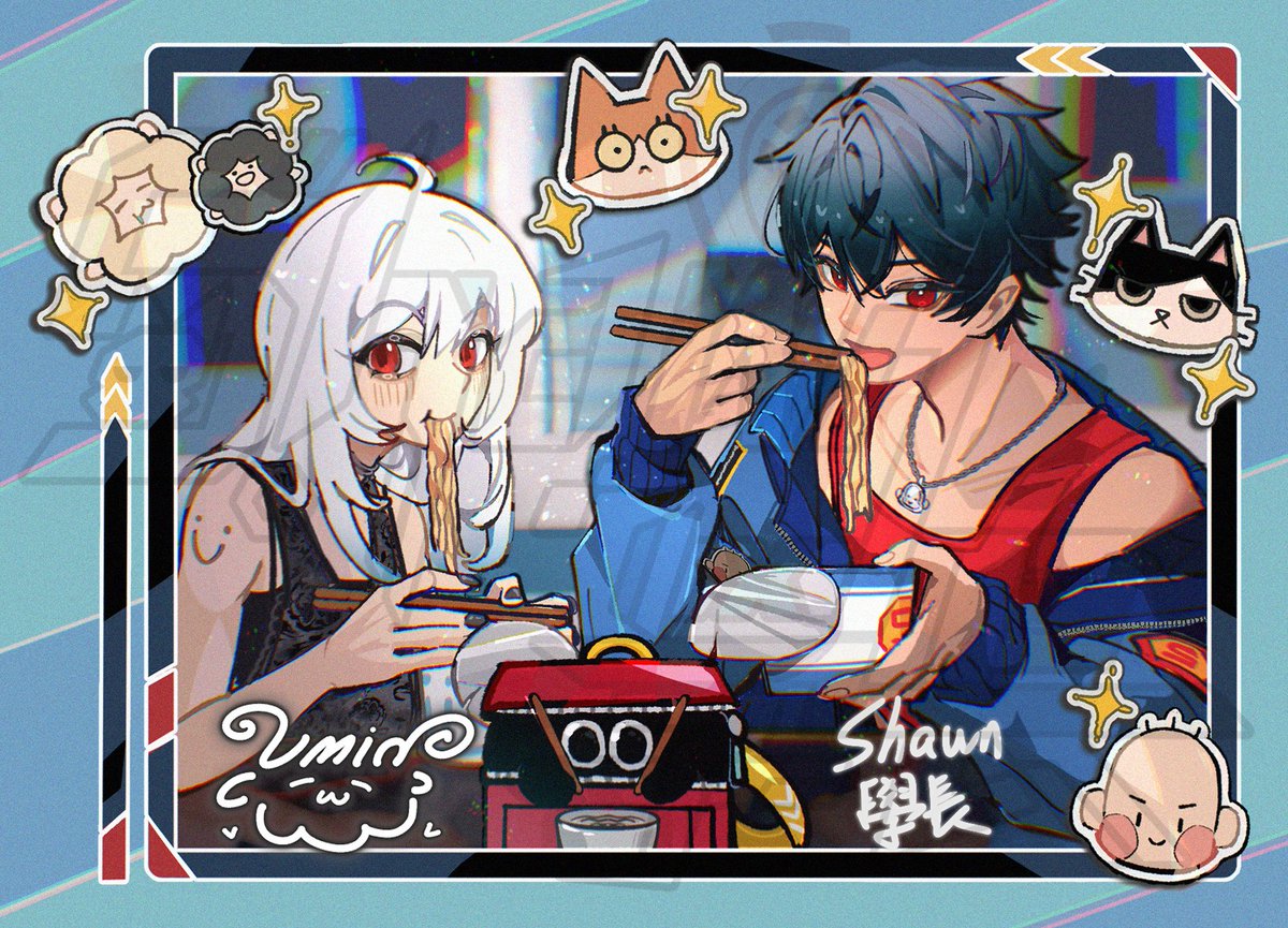 Shawn2024v's tweet image. 本次的明信片封面是與UMIN老師(@Umin_168)的合作！

第一次看到老師的作品是在台創祭的時候，
沒想到就這樣聯絡上了，還能跟老師一起吃泡麵省錢（？
感謝能有這次委託的機會！

想獲得的觀眾們請加入YT會員"尊爵學生會"等級
並填寫二月表單唷！

#shawn學長 #vtype