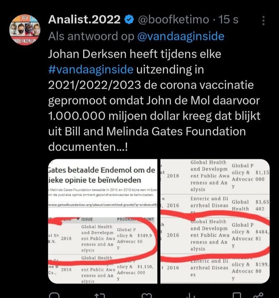 🤬Johan Derksen, Wilfred Genee en Rene van de Gijp en #vandaaginside hebben een fors bedrag(100k...?) gekregen voor het promoten van de corona mRNA vaccinatie en bagatelliseren van ernstige bijwerkingen....!

x.com/i/status/20218…
Dan zou ik ook tegen m’n gemoed inpraten.