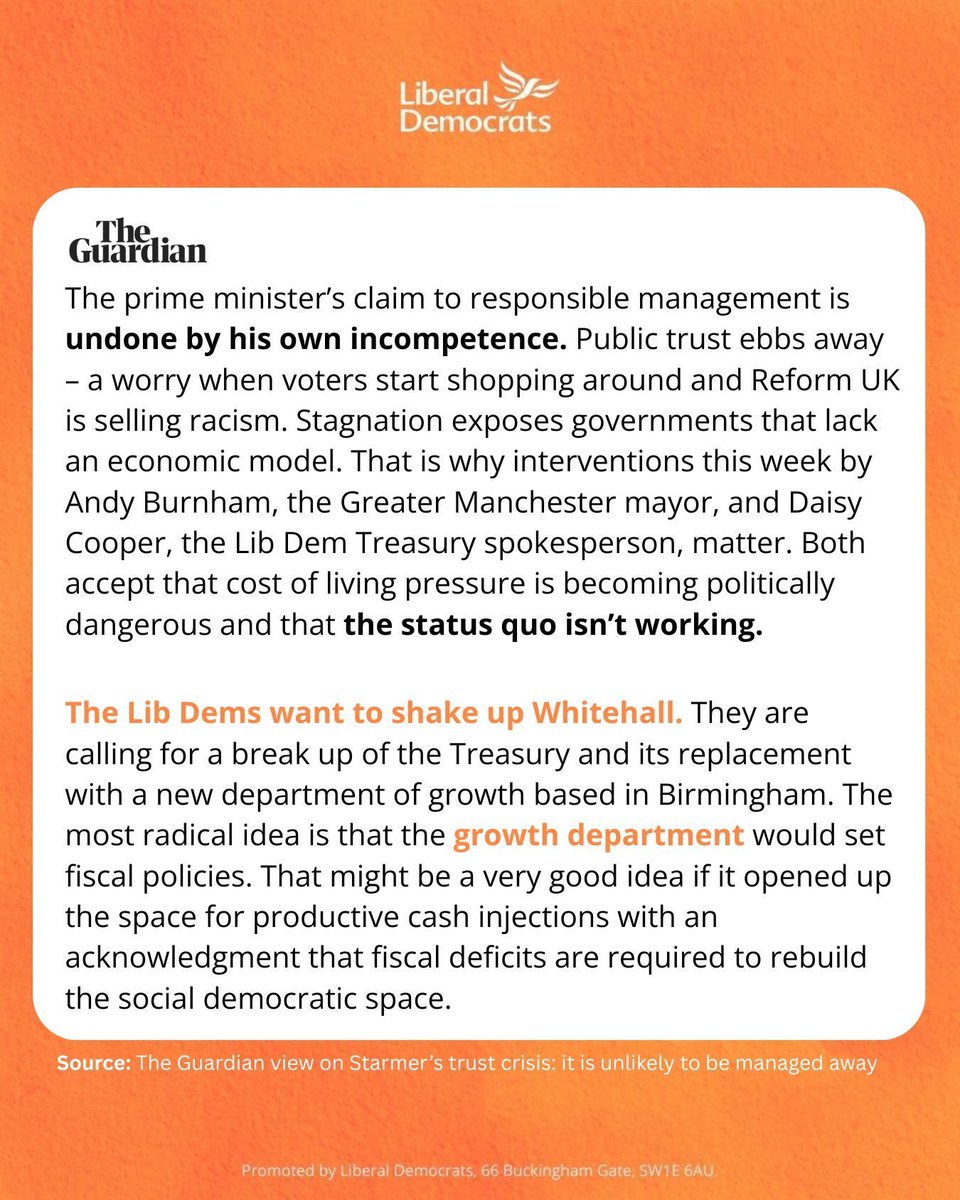Guardian editorial backs Daisy Cooper's speech setting out our bold plan to break up the Treasury to boost growth 📈

<a href="/libdemdaisy/">Daisy Cooper MP 🔶</a>