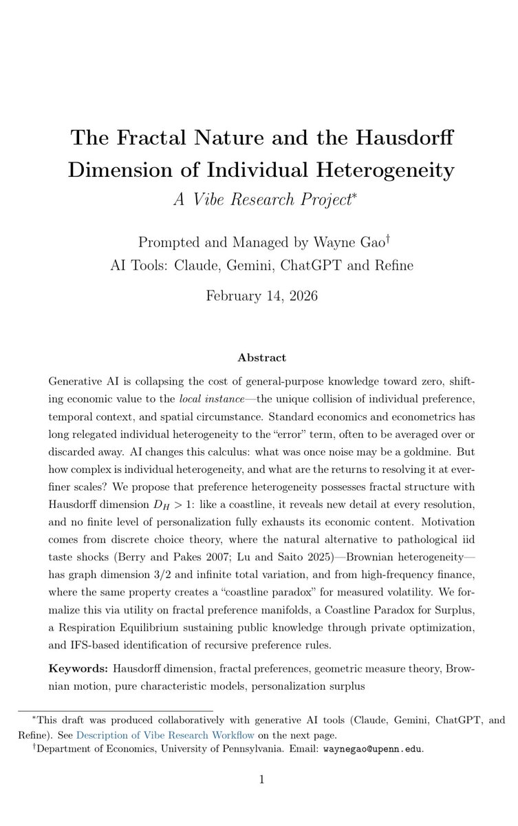 Wayne_Yuan_Gao's tweet image. As a kid in elementary school, I dreamed of writing sci-fi after reading Liu Cixin’s The Rural Teacher. Today, a multi-agent AI workflow helped realize this dream in writing a piece of "Economics Sci-Fi." By treating individual heterogeneity as a fractal coastline (Hausdorff dim