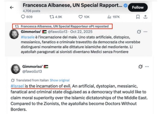 JZefka's tweet photo. Résumons. 
La nouvelle gauche européenne veut blanchir de tout soupçon d'antisémitisme une femme (Francesca Albanese) qui : 
- Le 11 janvier 2015, immédiatement après les attentats de Charlie Hebdo, a posté sur sa page Facebook un article du média d’État iranien PressTV intitulé « La CIA et le Mossad ont perpétré l'attentat de Paris » ;
- Reposte tranquillement le 22 octobre 2025 le discours  suivant d'un de ses abonnés : « Israël est l’incarnation du mal. Un État artificiel, dystopique, messianique, fanatique et criminel déguisé en démocratie qui prétend avoir une supériorité morale sur les dictatures islamiques du Moyen-Orient. Comparés aux sionistes, les ayatollahs font figure de Médecins sans frontières » ;
- répond à un autre de ses abonnés affirmant que "les Juifs sont capables de manger de la chair humaine"... qu'il ne faut pas généraliser et que tous les Juifs ne sont pas complices des crimes d'Israël ; 
- déclare (dès 2014) que l'Amérique et l'Europe se retrouvent empêchés de condamner les cirmes d'Israël parce que soumises au "lobby juif" (lobby ebraica) et paralysées par la culpabilité post-génocide.
Toutes ces déclarations (sans compter les dizaines d'autres qui assimilent Israël au IIIe Reich) seraient donc exemptes de tout antisémitisme. 
Et quand, après une diatribe anti-israélienne en présence du Hamas et du Hezbollah, sous l'égide d'Al Jazeera, la même personne affirme que "l'humanité a un ennemi commun", il ne faudrait surtout pas comprendre que cet ennemi serait Israël : après tout Israël est simplement "l'incarnation du mal" et une réplique du IIIe Reich, ce qui est très différent.
Quand on n'est pas capable de reconnaître l'évidence d'un tel antisémitisme, c'est qu'on en est le complice à peine masqué. Quand on fait croire que la haine décomplexée et obsessionnelle d'Israël n'est que le libre exercice d'une critique politique à l'égard d'un État, c'est qu'on a définitivement passé un cap de désinhibition.
Cette gauche qui fait de Francesca Albanese une grande conscience mondiale, une championne de la justice internationale, une héroïne du droit, fait donc savoir à tous les Juifs d'Europe que le combat contre l'antisémitisme est non seulement le cadet de ses soucis, mais encore un encombrant fardeau dont elle entend se délester. 
Elle fait savoir aux Juifs d'Europe qu'elle n'en a plus rien à faire de leur mémoire, de leurs inquiétudes, de leur sécurité. Elle a décrété que le monde était simple, qu'il y avait d'un côté les opprimés et de l'autre les oppresseurs, et la figure du mal absolu qui a nom Israël. Et elle somme les Juifs de choisir leur camp.
Cette gauche nous fait savoir que, dans l'Europe qu'elle appelle de ses vœux, les Juifs n'auront le choix qu'entre la soumission et l'exil. Elle leur fait comprendre que leur statut sera à peu près comparable à celui des Juifs iraniens  (et qui fut celui des Juifs des pays arabes après 1948) : se taire, cracher sur Israël, ou faire leurs valises pour se réfugier dans un État "colonial, fasciste et génocidaire" dont le destin est d'être effacé de la carte.