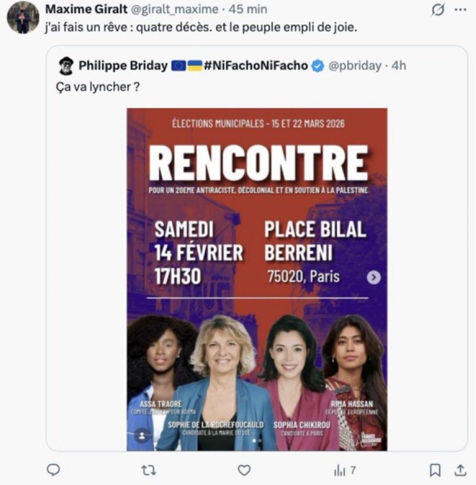 Maxime Giralt, collab du député RN Jérôme Buisson, relaie un appel au meurtre de quatre femmes politiques.

Des poursuites pénales doivent être engagées contre cet individu et il doit être interdit d’accéder à l’Assemblée nationale, où il pourrait croiser l’une de ces femmes.