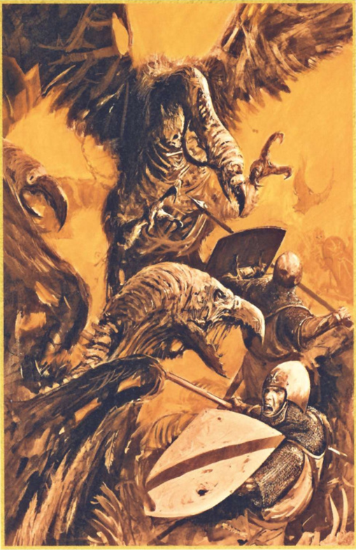 "The Carrion of the Desert, whose mighty outstretched wings darken the sun on the day of slaughter"

—Climax of an invocation chant of the Liche Priests used at the Temple of the Sun in Khemri

Reanimated Giant Vultures? Yes, please! Those Bretonnians are toast!🦃⚜️
#WarhammerArt