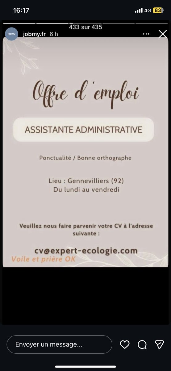 Offre d’emploi
Assistante administrative 
Gennevilliers (92)
Voile accepté comme dab
N’hésitez pas à partager