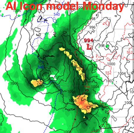 South Ops🔥:  Rain foothill and mountains = 4 and 8 inches.  Coast &amp; valley = 2 and 4 inches rain Mon - Wed.  Snow level 3,000 and 4,000 feet Monday evening through Wednesday.   Temperatures will cool to 10 to 20 degrees below normal Mon - Wed.  Slow warming Thursday. #cawx