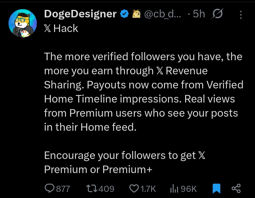 'The more verified followers you have, the more you earn through 𝕏 Revenue Sharing.'

So let's grow together and follow everyone.

I'm gonna follow each and everyone who comments here.