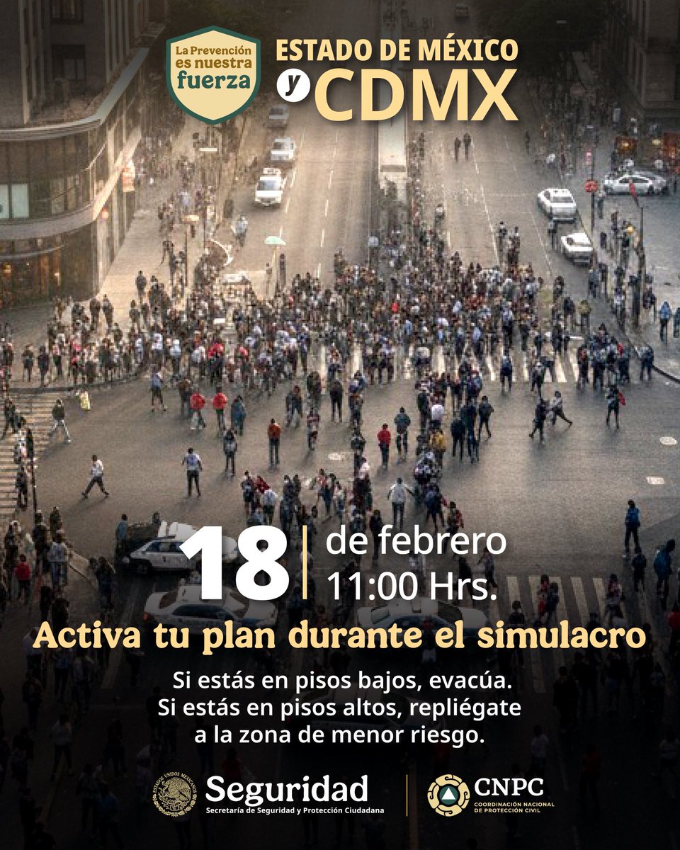 Participa este 18 de febrero a las 11:00 h en el simulacro de Ciudad de México y Estado de México 🏃‍♀️ Se ensaya un sismo de magnitud 7.2, con epicentro a 11 km de Pinotepa Nacional, Oaxaca. Prepararnos hace la diferencia.

<a href="/SGIRPC_CDMX/">Secretaría de Gestión Integral de Riesgos y PC</a> 
<a href="/pciviledomex/">Protección Civil del Estado de México</a>