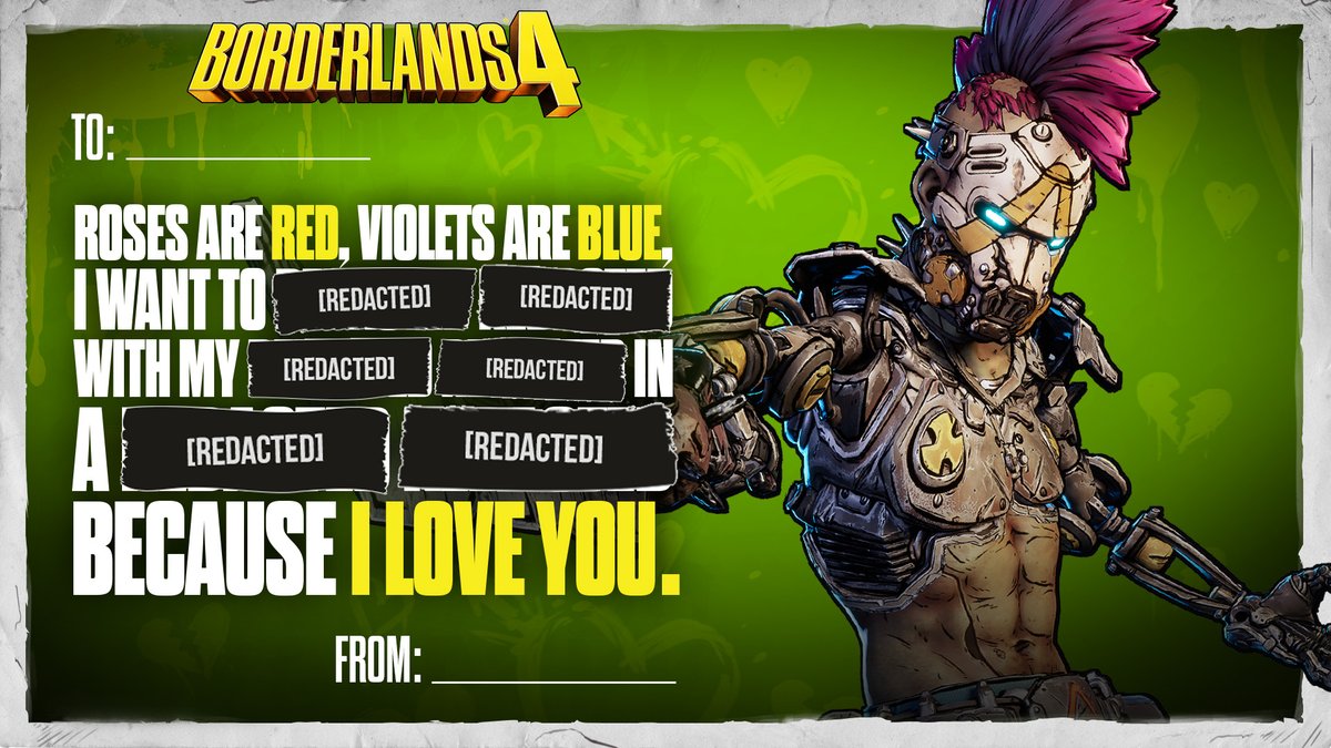 Borderlands's tweet photo. From Kairos, with love 💘

Happy Broken Hearts Day, Vault Hunters! https://t.co/AbrD8uCCPS