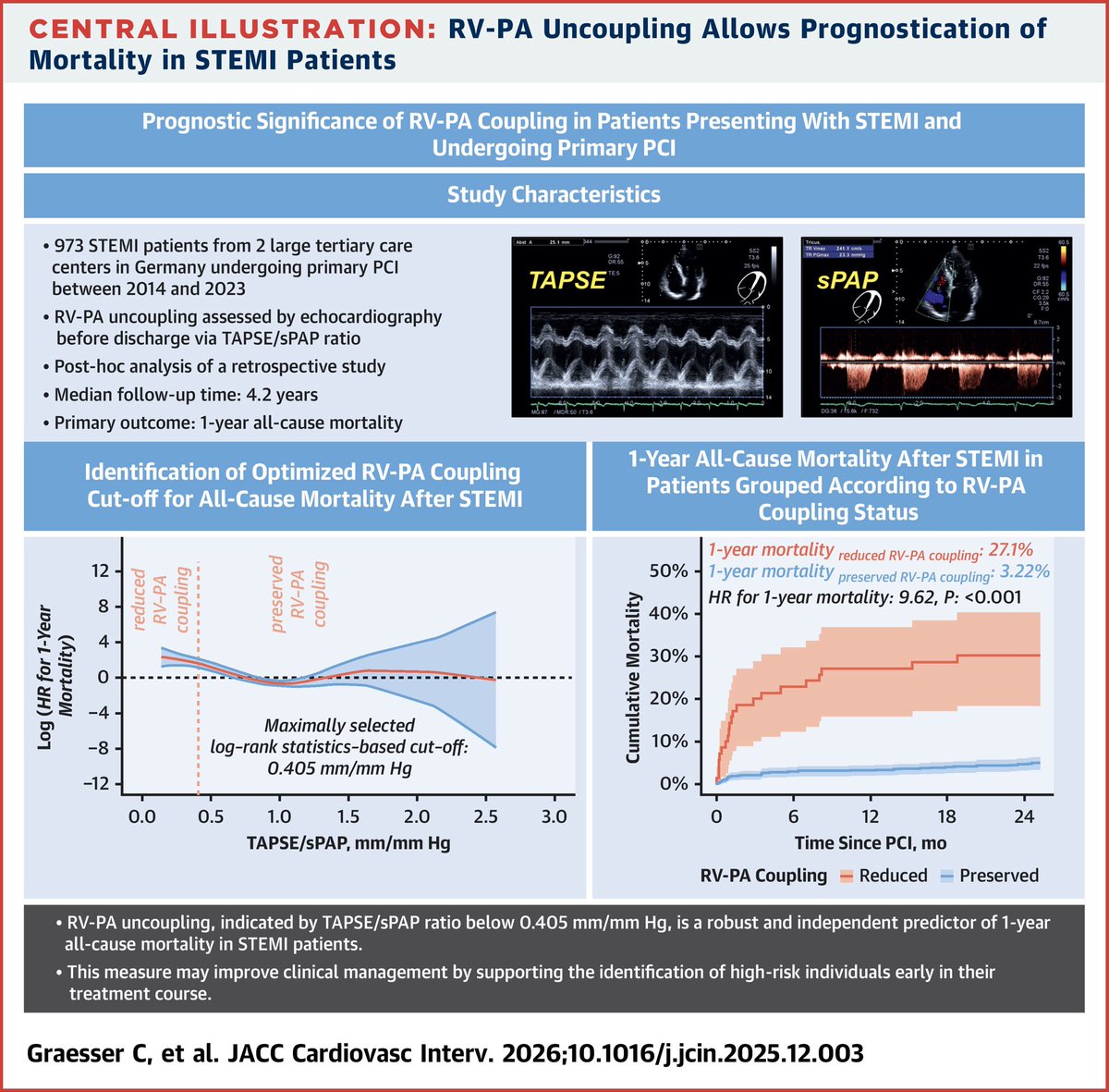 RV-PA Uncoupling Is Associated With 1-Year Mortality in ST-Segment Elevation Myocardial Infarction

This study highlights the importance of hemodynamic equilibrium between the RV and pulmonary circulation in STEMI patients. RV-PA uncoupling (TAPSE/sPAP ratio < 0.405 mm/mm Hg) is