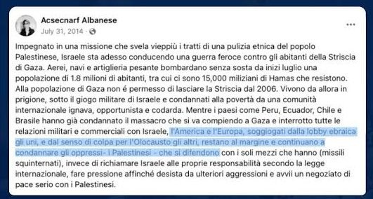 Résumons. 
La nouvelle gauche européenne veut blanchir de tout soupçon d'antisémitisme une femme (Francesca Albanese) qui : 
- Le 11 janvier 2015, immédiatement après les attentats de Charlie Hebdo, a posté sur sa page Facebook un article du média d’État iranien PressTV intitulé