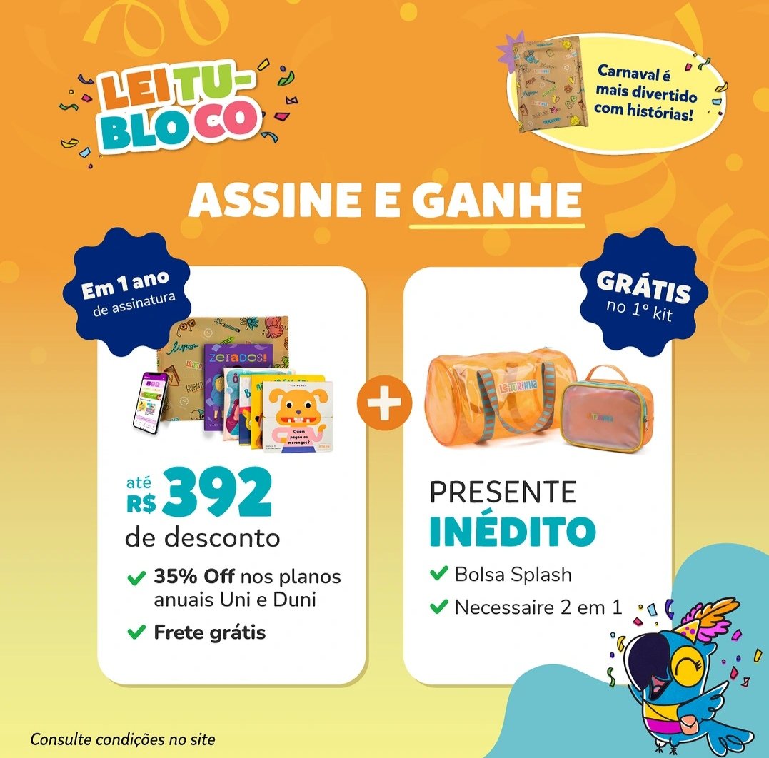 Novo cupom Leiturinha com brindes de Carnaval/Verão: bolsa e necessaire + Frete grátis.

Código de indicação: SIMONEGUIMARAES1

Cupom 50% OFF: MINILEITOR

Para quem não sabe, o Leiturinha é um Clube de assinatura de livros infantis com uma curadoria excelente.

#maternidade
