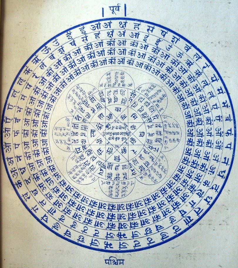 Eternaldharma_'s tweet photo. 🔱 This is not just a diagram… it’s a cosmic map of sound. 🔱

This is the Matrika Chakra — the sacred mandala of Sanskrit letters.
In Sanātana Dharma, every letter is not merely a sound, but Shakti (divine energy) in vibrational form.

“Akshara” means that which never decays.
Each syllable is eternal. Each vibration is a manifestation of Brahman.

🕉️
At the center seed mantras (Beejaksharas).
In the petals subtle sound frequencies.
On the outer circle the complete Sanskrit varṇamālā, the blueprint of creation itself.

According to Vedic wisdom, the universe did not begin with matter 
It began with Sound. Nāda. Om.

This is the science of sacred vibration our ancestors preserved 
Where language is not communication alone,
But creation in motion.

Sanātana Dharma is not mythology.
It is metaphysics encoded in sound. 🔥