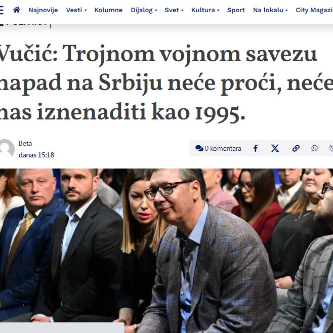 Ko je napao Srbiju 95e ???
Ja sam tada imao 20 godina ,sluzio vojsku i ne secam se da nas je iko napao ???
O cemu ti otrovna radikalcino pricas ? Opet izmisljas neprijatelje zarad ostanka na vlasti,po receptu tvog politickog oca ???
Nego se ti sa bratijom spremaj za robiju 😏😏