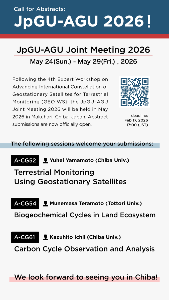 kazuhito_ichii's tweet photo. We organize 4th GEO workshop (Geostationary Satellite Land Monitoring) in May 23-25, Chiba, and organize related sessions (GEO-satellite, Carbon Cycles) in JpGU-AGU 2026, Chiba, May 26-27. Looking forward to meeting you in the best season in Japan. Easy access from airport. https://t.co/5Sfi08rZf0