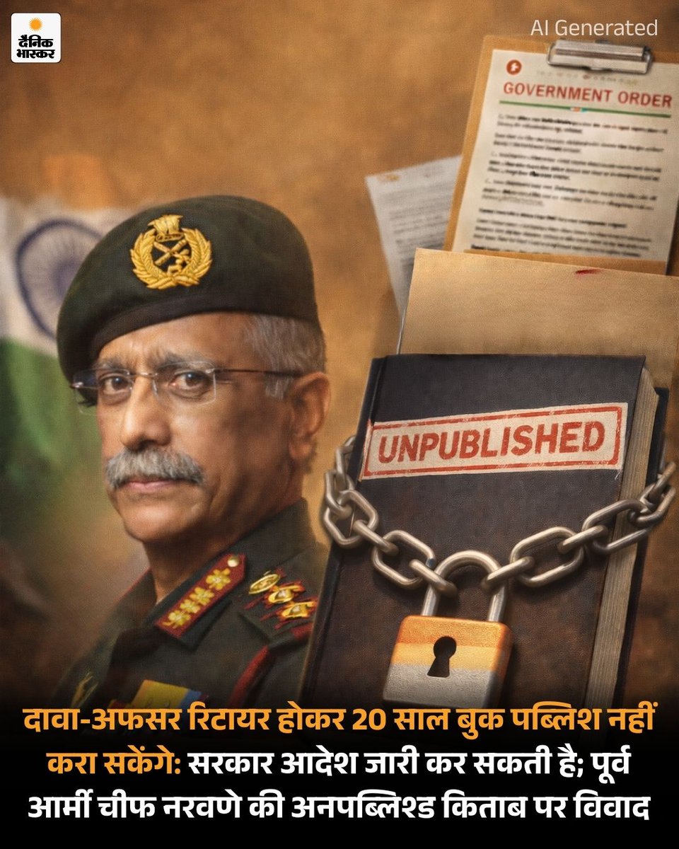 DainikBhaskar's tweet image. सरकार रिटायरमेंट के बाद सीनियर पोस्ट पर रहे अधिकारियों के लिए 20 साल का कूलिंग-ऑफ पीरियड लागू करने पर विचार कर रही है। इस दौरान अफसर अपनी सर्विस से जुड़ी किताब प्रकाशित नहीं कर सकेंगे। हाल ही में पूर्व आर्मी चीफ जनरल मनोज मुकुंद नरवणे की अनपब्लिश किताब विवादों में है।…